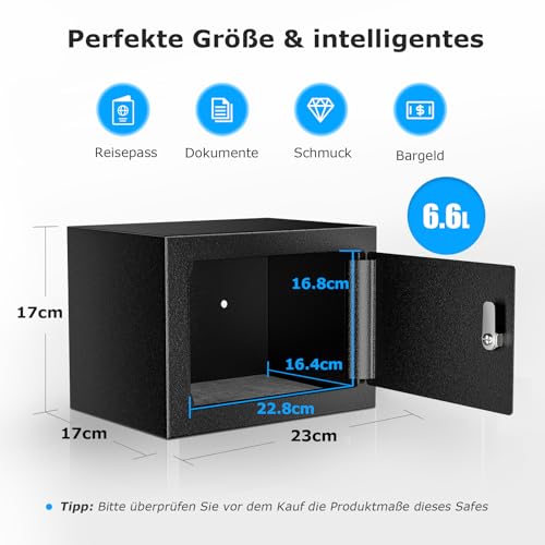 Bonsaii Tresor mit Schlüssel, 6,6 L Safe Tresor mit Stahlkonstruktion für Bargeld, Schmuck und Wertsachen, 17 x 23 x 17 cm, geeignet für Zuhause, Büro und Hotel