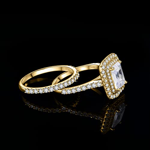 JewelryPalace Classic 1.6ct Cubic Zirconia Double Halo Engagement Rings for Women, Emerald Cut 925 Sterling Silver 14K Gold Promise Ring for Her, Simulated Diamond Anniversary Wedding Band Bridal Set4