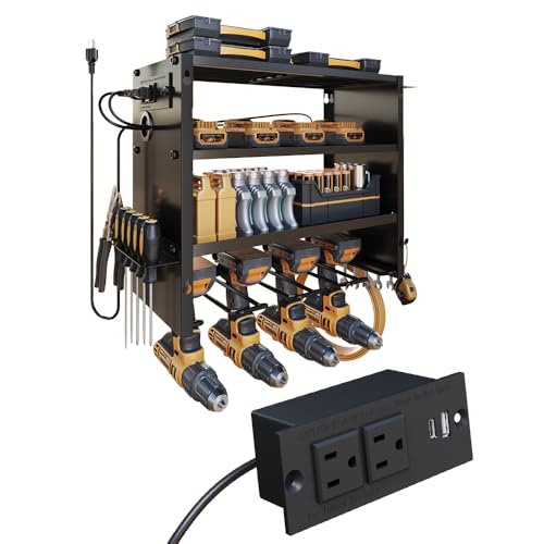 Image of 4-Tier Power Tool Organizer, Built-in 2-Outlet Charging Station for Small Garages,400lb Capacity 12mm Steel Drill Holder & Battery Storage for DIY Workshops (4 Slots with 2 Outlets Power Strip)