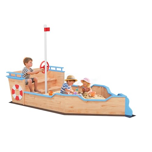 Pirate Ship Wooden Sandbox, Outdoor Sand Box with 2 Bench Seats, Bottom Liner, Kids Sandpit Boat w/Rudder, Realistic Flag, Buoy for Ages 4-8, Spacious Kids Sand Pit for Beach Patio, Backyard