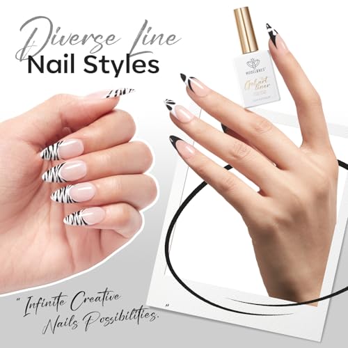 Image of modelones Black French Tip Liner Gel Polish 15ml Built-in Fine Brush | Classic All Black Nail Art Gel Paint Swirl Fine Line Design Easy Draw Long Lasting Soak Off U V Cure DIY Home Salon Manicure