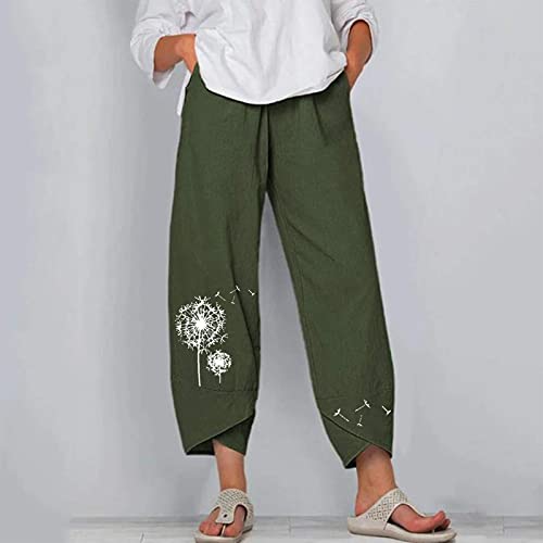Image of Cotton Linen Capri Pants for Women 2025 Casual Printed Cropped Palazzo Pants Elastic Waist Lounge Baggy Trousers