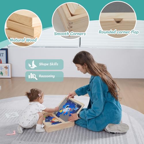 Image of Sensory Board for Toddlers & Kids - Wooden Sensory Sequin Box with Flip Mats, Space Felt Puzzle & Tangram | Montessori Sensory Toy for Calm Down Corner, Autism, Classroom & Daycare