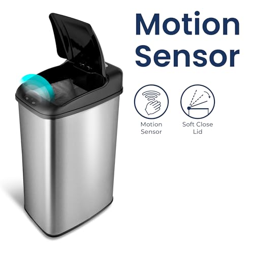 Image of NINESTARS DZT-50-6 Automatic Touchless Infrared Motion Sensor Trash Can, 13 Gal 50L, Stainless Steel Base (Rectangular, Black Lid)