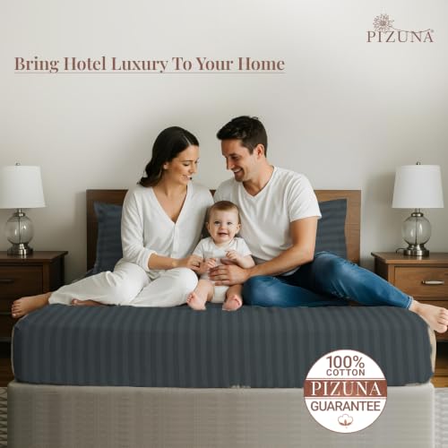 Image of Pizuna 100% Cotton Bedsheet Super King Size with 2 Pillow Covers, 300 Thread Count Long Staple Cotton, Stripes Pattern Flat Bed Sheet 108X108 Inch for Superking Bed, Anthrazit-Grey