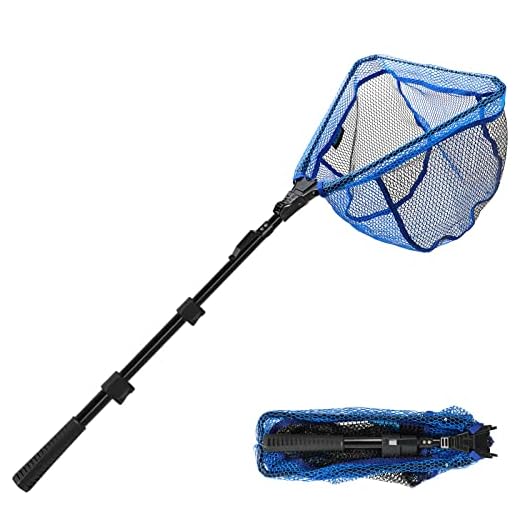 SANLIKE Fishing Landing Net Blue Extend to 43 in with Telescoping Pole Handle, Fiberglass Landing Net for Easy Catch Release,Rubber Coated Landing Net for Easy Catch Release