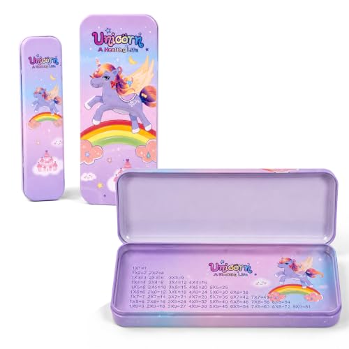 Image of WISHKEY Unicorn Pencil Box for Kids, Large Metal Pencil Case with Multiplication Table, Durable Tin Pencil Box for Girls, Cute Stationery Storage Box for School, Pen Pencil Organizer Purple