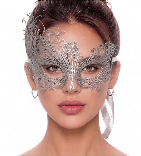 Image of Metal Filigree Masquerade Mask for Women - Swan Style Mask with Rhinestones for Mardi Gras, Prom, Halloween & Venetian Party