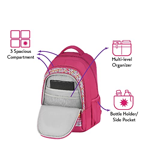 Genie Girlpower Casual Backpack for Girls |19 In-36 Ltr with Laptop Sleeve, Three Compartments and Organiser with Padded Shoulders |Best for Books,Stationery,Lunch Box & Essentials - Pink - Image 2