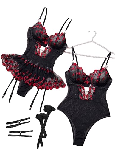 Image of Alrovetoney Women Lingerie Set Naughty Lace Bodysuit High Waisted Underwire Lingerie Babydoll With Garter Belt and Stockings