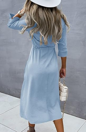 Image of Febriajuce Women's 3 /4 Sleeve Midi Dress Casual Drawstring Belted Round Neck Plain Tie Waist Loose High Waist Long Dress