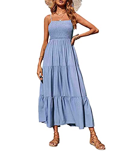 Image of Sexyshine Women's Square Neck Halter Lace Up Criss Cross Maxi Dress Tie Back Sleeveless Smocked Ruched A Line Dress