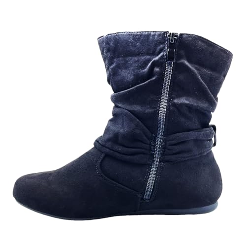 ABSOLEX Women Suede Fashion Slouch Mid Calf Low Heel Casual Slip On Ankle Bootie4