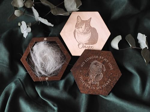 Image of Personalized Pet Hair Keepsake Box for Dog and Cat Fur - Engraved Wood Memorial Box - Unique Customized Gift for Loss of Furry Friend Wooden (Dark Diamand Wood Lid, With Photo)