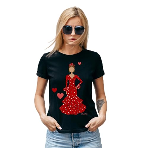 Camiseta semientallada 100% algodón orgánico de Manga Corta para Mujer, con Traje de Flamenca Rojo, Camiseta Negra - Talla S - Ana