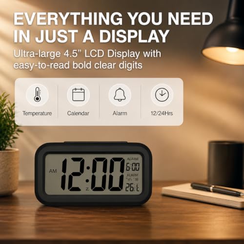 Image of Digital Alarm Clock with Automatic Sensor LED Display Table Clock Date Time & Temperature Display Smart Desk Clock for Students, Bedroom Home & Office Black | Date Display, Time Display, Temperature Display, For Students, Bedroom, Home & Office
