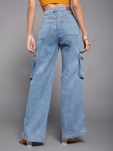 Image of Miss Chase Women's Wide-Leg High-Rise Regular-Length Stretchable Patch-Pocketed Denim Jeans (MCSS24DEN79-02-402-34, Electric Blue, 34)