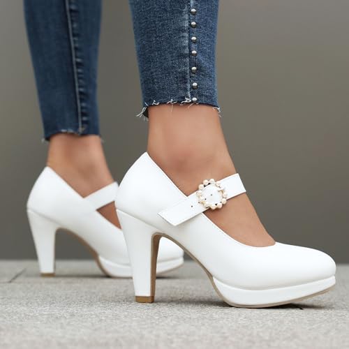 Image of ForeMode Fashion Women T-Strap High Heels Bow Platform Round Toe Pumps Leather Summer Sweet Shoes