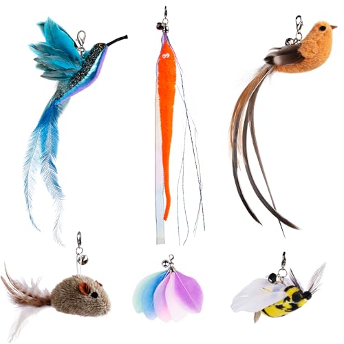 JXFUKAL Cat Feather Toy Refills 6Pcs Simulation Bird Mouse Bee Worm Feather Cat Lures Wand Attachment Replacement for Kitty Kitten Indoor Cats Accessories