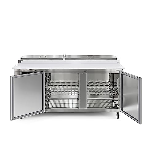 Image of KoolMore 71 in. Commercial Pizza Prep Table with Built-In Refrigerator, Cutting Board, Food Protection Lid, Cold Storage, Rolling Caster Wheels in Stainless Steel, ETL Listed, (KM-RPPS-2DSS)