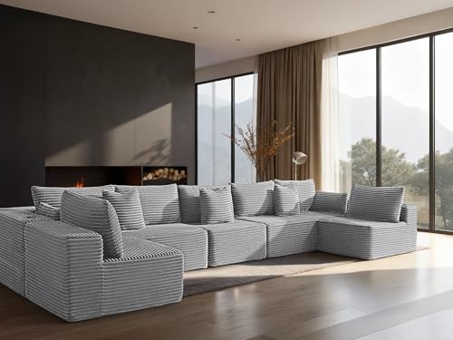 Image of 168 inch Cloud Sectional Couch, Comfort U Shaped Sofa for Living Room, Extra Deep Seats No Assembly, Minimalist Modular Couch, Corduroy (Light Grey, 7 Seats,U-Shape B)
