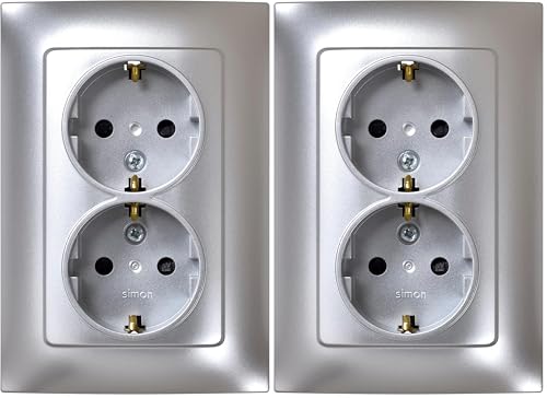 SIMON - Enchufe Doble de Empotrar Schuko, Serie Simon 10, 250V, 16 A, Enchufe de Pared Plano y Fino, Fácil de Instalar, Incluye Marco, Tapa y Mecanismo, Base de Enchufe Hembra Color Aluminio,8,4x12cm