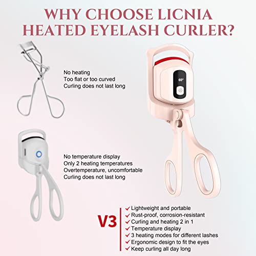 Licnia Heated Eyelash Curlers, Upgraded Version With Temperature Display Heated Lash Curler, 3 Heating Modes Rechargeable, Professional Eyelash Curlers For Stunning Lashes In Minutes(Upgraded-Pink) #TOP3