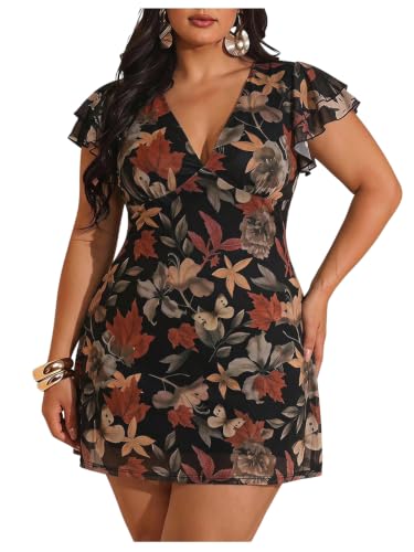 Image of BEAUDRM Women's Plus Size Cocktail Floral Short Dress Deep V Ruffle Short Sleeve Bodycon Mesh Wedding Guest Party Dresses