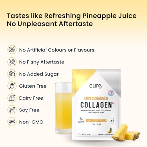 Image of Supercharged Collagen Powder Pack of 5 x 8g | Type I and III Collagen Peptides with Biotin L-Glutathione Sea Buckthorn | Skin Hair Nails Support | Pineapple | Men and Women