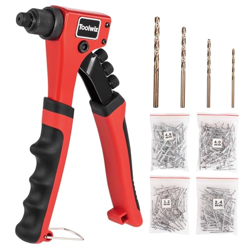 Toolwiz Rivet Gun One-Handed Pop Rivet Gun Kit with 200pcs Rivets, 4pcs Tool-Free Interchangeable Heads and 4pcs Drill Bits - Heavy Duty Hand Riveter for Metal, Wood, Plastic, Leather, Fabric