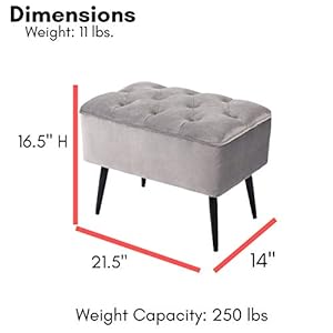 Birdrock home tufted rectangle grey ottomanvelvet foot stoolmid century modern steel legs soft compact padded stool living room or bedroomvanity chair decorative furniture  urban country home decor