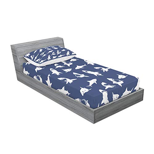 Ambesonne Shark Fitted Sheet & Pillow Sham Set, Fish Pattern Various Gestures Have A Bite Danger Humor Nautical Design, Decorative Printed 2 Piece Bedding Decor Set, Twin, Violet Blue #TOP1