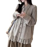 [GORQQCE] シャツ レディース カットソー トップス 長袖 ブラウス レース 切り替え 刺繍 ポロネック 前開き ボタン付け 体型カバー 着痩せ 韓国 レトロ 無地 普段着 デート 春 秋 冬