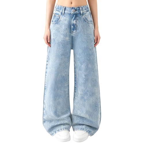 Jean baggy filles taille haute élastique et jambes larges pour adolescentes
