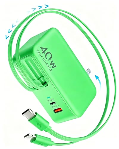 Retractable USB C Charger Wall Plug with 35.5in/90cm Type C Cables Cords,40W Fast Charging Foldable Block Multi Charger for All Devices for iPhone 17/16/15/14/13/12,iPad,Galaxy,Pixel