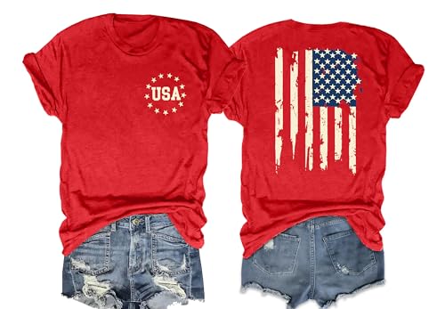 American Flag Shirt Women: Patriotic Shirt USA Flag Stars Stripes Print Short Sleeve T-Shirt 4th of July Tee Tops