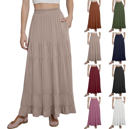 Summer Skirts for Women 2025 Casual High Waisted Tiered Maxi Skirt with Pockets Long Flowy Skirt Trendy Beach Outfits