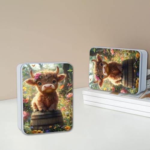 Image of Metal Tin Box with Lid for Game Cards Home Large Organizer Candles Keys Crafts Storage - Comes with 4 Magnetic Cord Clips,Cute Highland Calf Floral