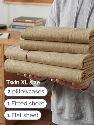 Image of Extra Deep Twin XL Sheet Set - 4 Piece College Dorm Bed Sheets Set with Extra Deep Pockets - Ultra-Soft, Comfy & Breathable Bedding for Women, Men, Kids & Teens - Wrinkle & Fade Free - Heathered Tan