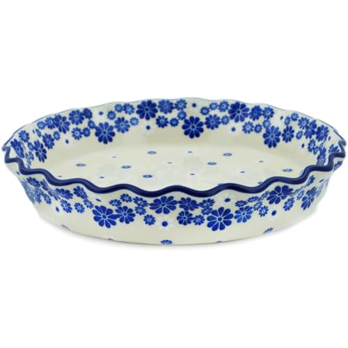 Authentic Polish Pottery Fluted Pie Dish in Cobalt Lace Design Handmade in Boles?awiec Poland by Ceramika Artystyczna + Certificate of Authenticity