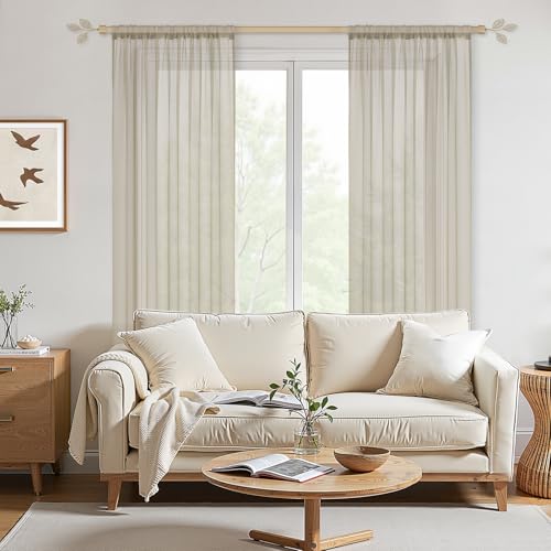 MRTREES Vorhänge Gardinen mit Store Vorhang Voile halbtransparent kurz in Leinenoptik Gardine Schals Beige Creme 150×140cm (H×B) für… – Ansicht 4