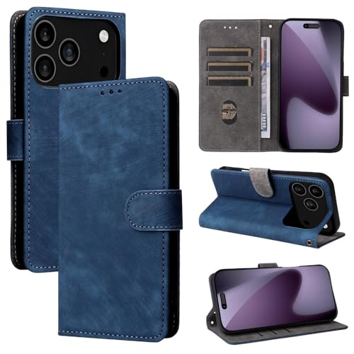 Housse en cuir iPhone 17 Pro Max bleu uni clapet magnétique de protection