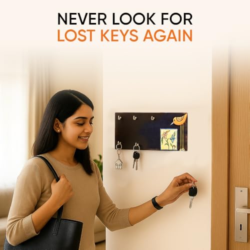 Image of AAKRITI ART CREATIONS Key Holder, Handcrafted Tribal Art Bird Theme Key Hanger | Rustic Mango Wood Wall Organizer with 5 Hooks | New Home Gifts | Multifunctional Entryway Decor