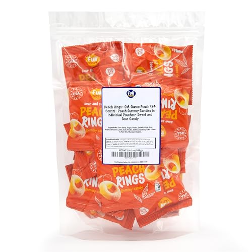 Peach Rings - 0.8 Ounce Pouch (24 Count) - Peach Gummy Candies in Individual Pouches - Sweet and Sour Candy for Classroom, Snacking and Goodie Bags by Funtasty