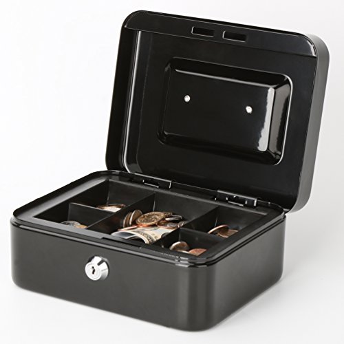 Image of Decaller Cash Box with Money Tray, Metal Locking Money Box with Key Lock for Security, 7 4 /5 inch x 6 4 /5 inch x 3 3 /5 inch, Black, QH2003S | Metal Construction, Key Lock for Security, QH2003S