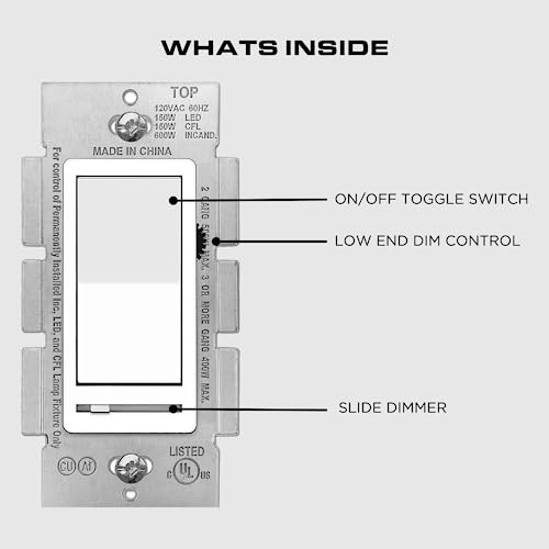 Led Wall Dimmer Switch For Led Lights,Three Way & Single Pole,150W Led And Cfl Compatible, 600W Incandescent, Rocker Switch & Slide Dimmer, No Neutral Wire Required, 120V #TOP5