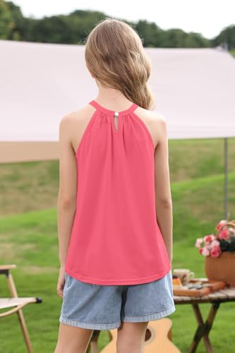 Image of BesserBay Girls Summer Back Button Halter Neck Tank Top Cold Shoulder Casual Blouse Pleated Sleeveless Shirts 5-14 Years