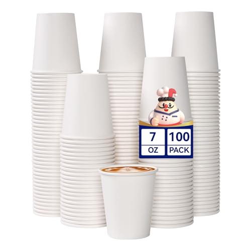 JOLLY CHEF Paper Cups 7oz / 200ml - 100 Pack Paper Coffee Cups Leak-Proof White Paper Cups for Coffee Suitable for Party Picnic Travel and Events