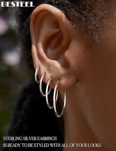 4 Pairs Sterling Silver Post Hoop Earrings for Women - Small 14K Gold Plated Hoop Earring Set , Hypoallergenic Lightweight Thin Silver Hoops for Sensitive Ears- Medium Big Stack Earrings for Women Gift4