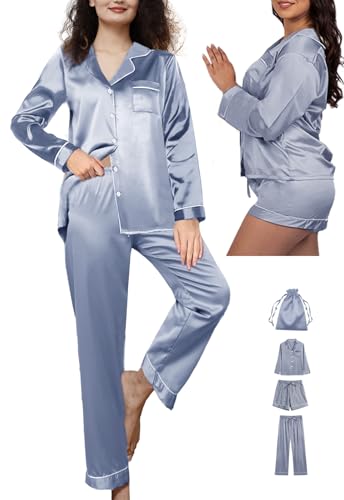 4Pcs Womens Silk Pajamas Set XS-XXL Satin Pajama Sets for women Silky Pj Set Sleepwear Pjs Nightwear Loungewear4